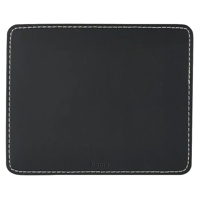 Hama Unterlage Mousepad Kunstleder 00126856 - Schwarz, 18 x 22 cm - Schwarzes rechteckiges Pad mit weißen Nähten an den Rändern und abgerundeten Ecken.