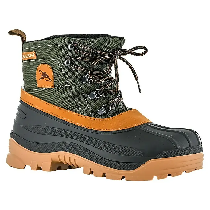 Black Fox Gummistiefel Howson - Schuhgröße: 46, Khaki - Olivgrüner und schwarzer Entenstiefel mit beiger Sohle, braunen Lederakzenten und gemusterten Schnürsenkeln.