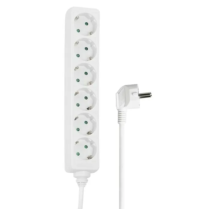Hama Steckdosenleiste 0030529 - Anzahl Steckdosen: 6 Stück, Kabellänge: 1,4 m, IP20, Weiß - Weiße Steckerleiste mit sechs Schuko-Steckdosen und angeschlossenem Winkelstecker.
