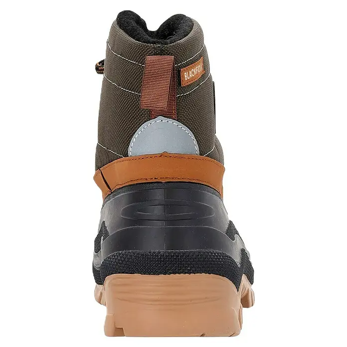 Black Fox Gummistiefel Howson - Schuhgröße: 46, Khaki - Rückansicht eines olivgrünen Blackfox Winterstiefels mit schwarzer Gummibasis, heller Sohle und reflektierendem Aufnäher.