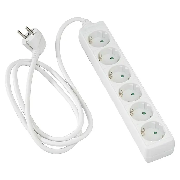 Hama Steckdosenleiste 0030529 - Anzahl Steckdosen: 6 Stück, Kabellänge: 1,4 m, IP20, Weiß - Weiße Steckdosenleiste mit fünf Schuko-Steckdosen und einem aufgerollten Kabel mit passendem Stecker.