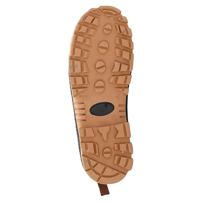 Black Fox Gummistiefel Howson - Schuhgröße: 46, Khaki - Hellbraune, robuste Stiefelsohle mit tiefem Profil, schwarzem Oval-Einsatz und Größenangabe 'EU 42'.