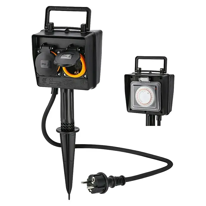 Hama Erdspieß-Steckdose 2-fach 223305 - Kabellänge: 2 m, IP44 - Schwarze Gartensteckdose mit zwei IP44-Anschlüssen und Schukostecker, plus eine separate mechanische Zeitschaltuhr.