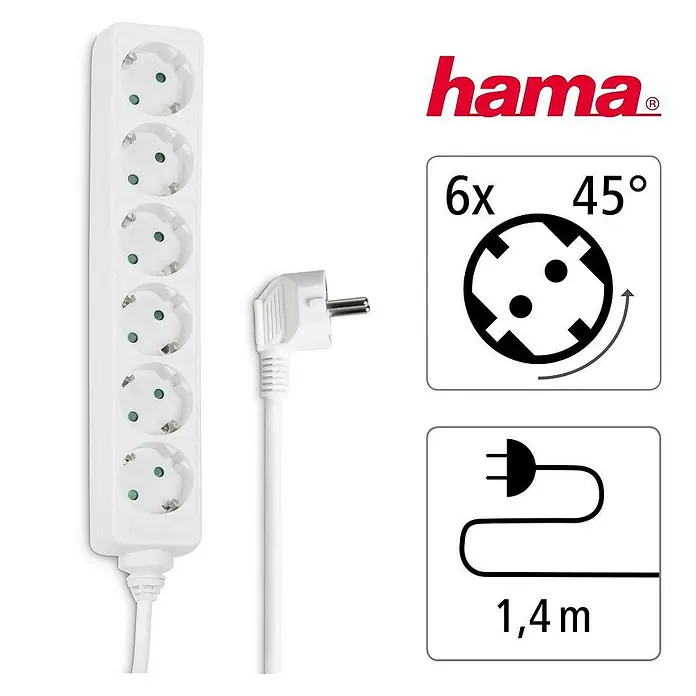 Hama Steckdosenleiste 0030529 - Anzahl Steckdosen: 6 Stück, Kabellänge: 1,4 m, IP20, Weiß - Weiße Hama 6-fach Steckdosenleiste mit sechs um 45° gedrehten Steckdosen und einem 1,4m gewinkelten Kabel.