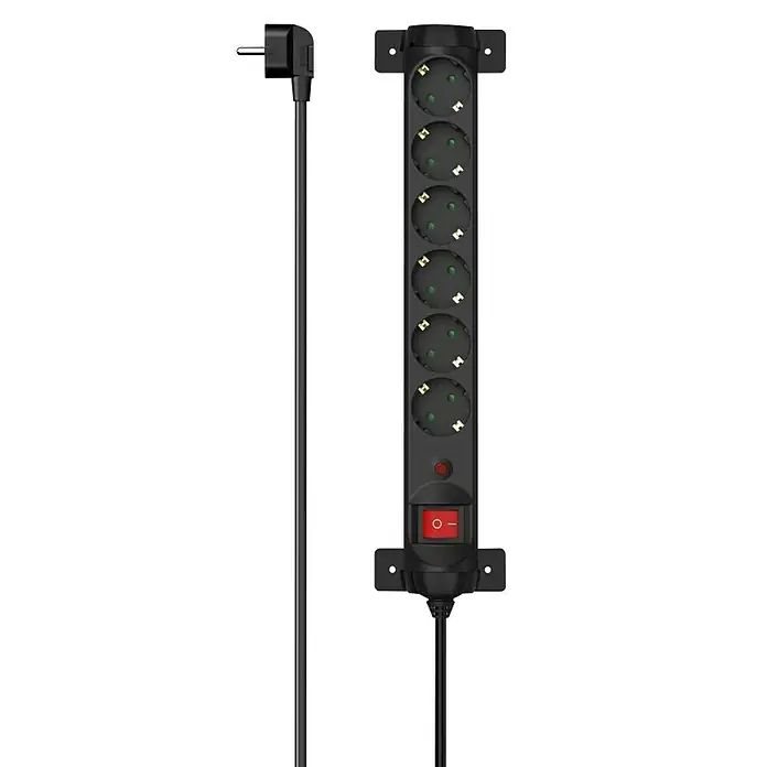 Hama Steckdosenleiste 00223161 - Anzahl Steckdosen: 6 Stück, Kabellänge: 1,4 m, IP20, Schwarz - Schwarze 6-fach Steckdosenleiste mit rotem Ein-/Ausschalter und abgewinkeltem Stecker.