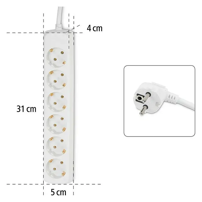 Hama Steckdosenleiste 0030383 - Anzahl Steckdosen: 6 Stück, Kabellänge: 1,4 m, IP20, Weiß - Weiße 6-fach Steckdosenleiste mit Schuko-Stecker, 31 cm lang, 5 cm breit, 4 cm tief.