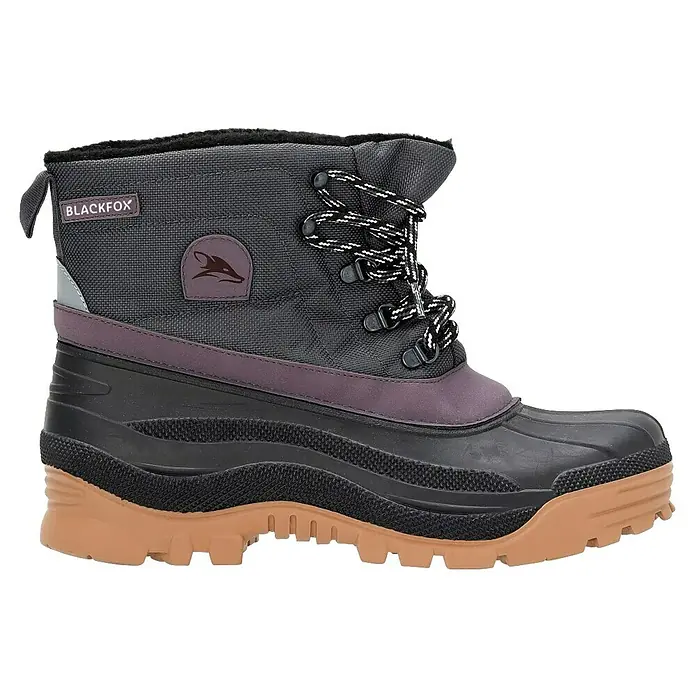 Black Fox Gummistiefel Howson - Schuhgröße: 45, Grau - Schwarzer und dunkelgrauer Winterstiefel mit beiger Sohle, schwarz-weißen Schnürsenkeln und schwarzem Fuchsemblem.