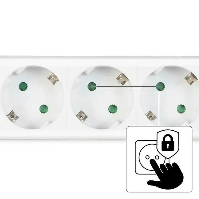Hama Steckdosenleiste 0030529 - Anzahl Steckdosen: 6 Stück, Kabellänge: 1,4 m, IP20, Weiß - Weiße Steckdosenleiste mit drei Schuko-Steckdosen und integriertem Kinderschutz, gekennzeichnet durch grüne Einsätze und ein Schlosssymbol.