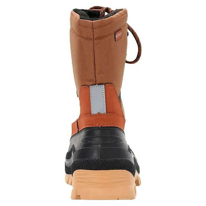 Black Fox Gummistiefel Yukon - Schuhgröße: 41 - Rückansicht eines braun-schwarzen wasserdichten Winterstiefels mit beiger Sohle, braunen Schnürsenkeln und Reflektorstreifen.