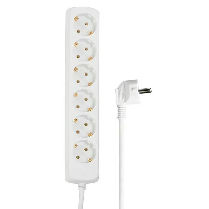 Hama Steckdosenleiste 0030383 - Anzahl Steckdosen: 6 Stück, Kabellänge: 1,4 m, IP20, Weiß - Weißer Mehrfachstecker mit 7 Schuko-Steckdosen und gewinkeltem Stecker.