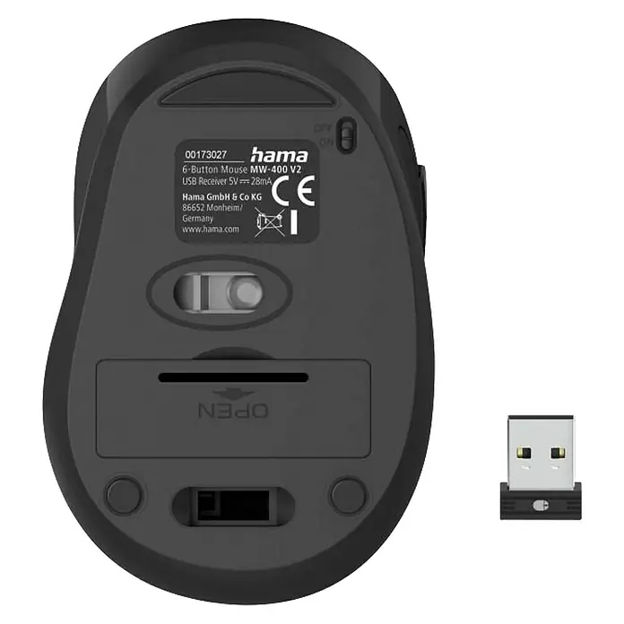 Hama PC-Maus MW-400 V2 - Denim 6-Tasten - Blau, 18 x 9 x 4,5 cm - Unterseite einer dunkelgrauen kabellosen Hama MW-400 V2 Maus mit Ein/Aus-Schalter, Batteriefach und USB-Empfänger.