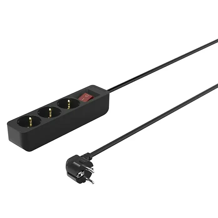 Hama Steckdosenleiste 3-fach 223013 - Kabellänge: 1,4 m - Schwarze 3-fach Steckdosenleiste mit rotem Ein-/Ausschalter und angeschlossenem Stromkabel mit Winkelstecker.