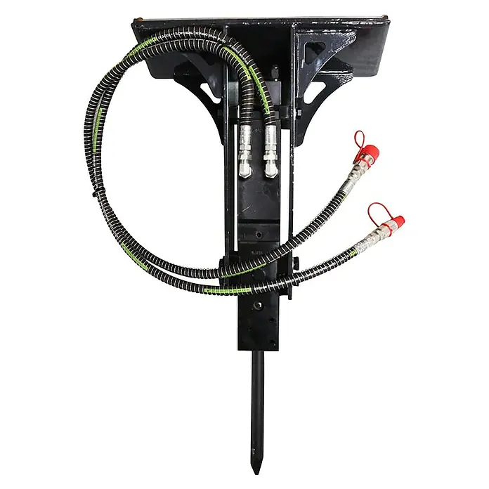 HZC Power Hydraulikhammer KLHH200 - Passend für: HZC Power Kompaktlader KLB200 und KLD200 - Schwarzer Hydraulikhammer-Anbau für Bagger, mit silbernen Spiralschläuchen und roten Schnellverschlusskappen.