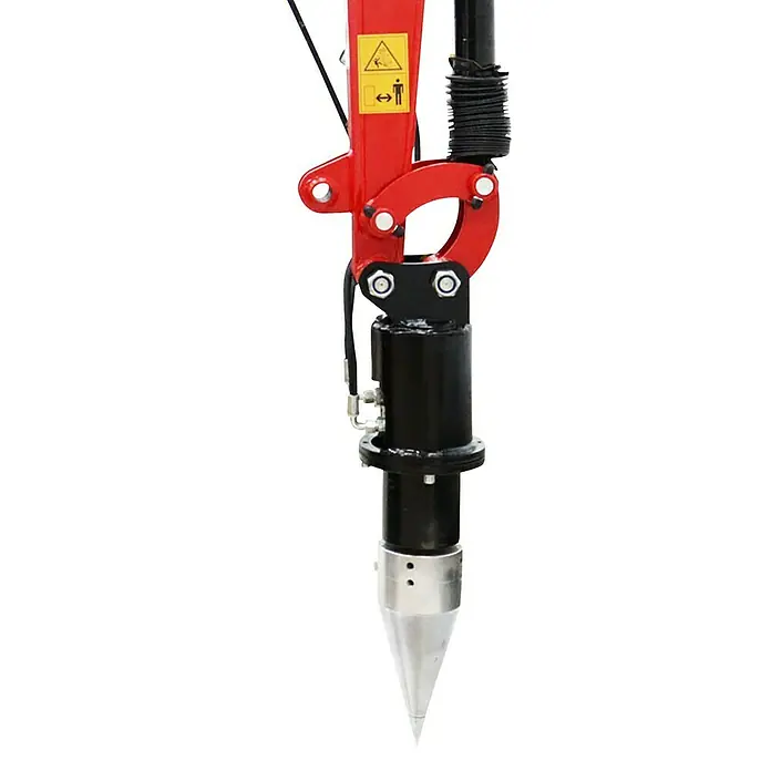 HZC Power Kegelspalter KH160 - Passend für: HZC Power Minibagger - Rotes und schwarzes hydraulisches Schlagwerkzeug mit spitzer, metallischer Spitze.