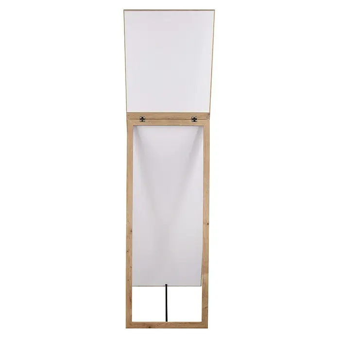 Standspiegel Harriet - 40 x 150 cm, Natur, Holz - Offenes A-Aufsteller Schild aus hellem Holz mit weißen Tafeln und schwarzem Gurt.