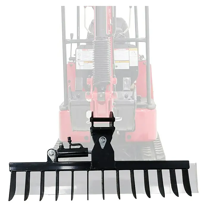 HZC Power Baggerrechen HRE100 - Mit Hydraulik, Passend für: HZC Power Minibagger - Schwarzer Metall-Landschaftsrechen-Anbaugerät mit Hydraulikzylinder.