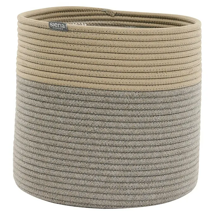 Siena Garden Pflanztopf FIORA - Creme/Grau, 1 Stk., Max. Außendurchmesser: 32 cm, Höhe: 30,5 cm - Zweifarbiger runder Korb aus geflochtenem Seil, oben hellbeige, unten hellgrau, mit 'siena GARDEN' Etikett.