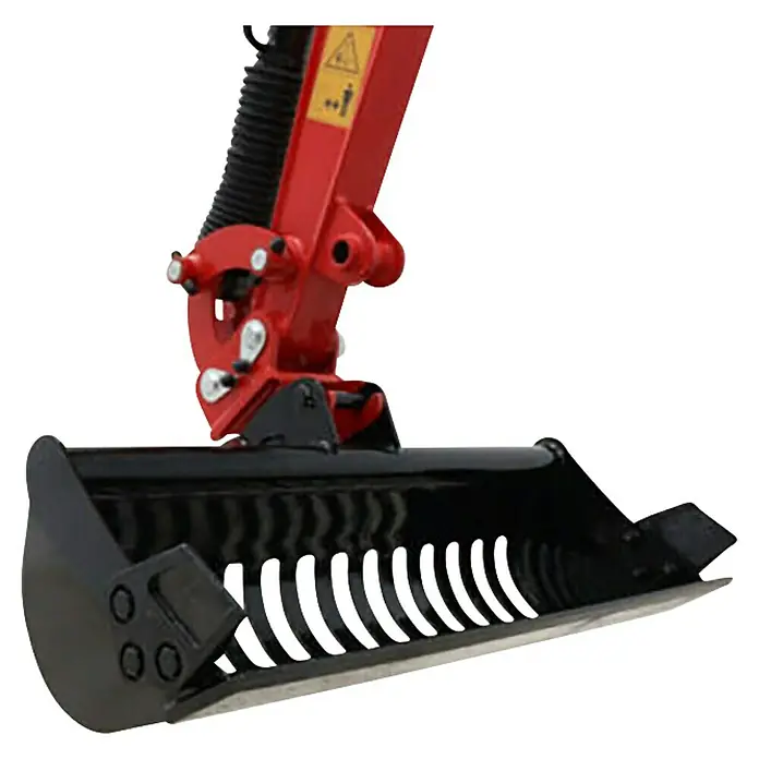 HZC Power Siebschaufel SBBS810 - 810 mm, Passend für: Alle HZC Power Minibagger - Roter Baggerarm mit schwarzem Sieblöffel zum Sortieren und Sieben von Materialien.