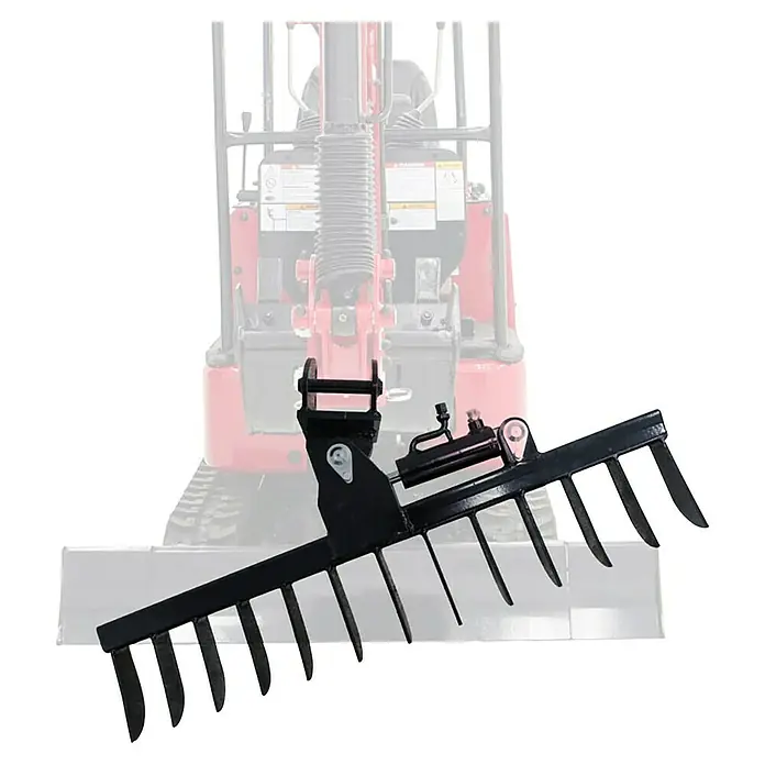 HZC Power Baggerrechen HRE100 - Mit Hydraulik, Passend für: HZC Power Minibagger - Schwarze Metall-Baggerrechen-Anbaugerät mit mehreren Zinken und Hydraulikzylinder.