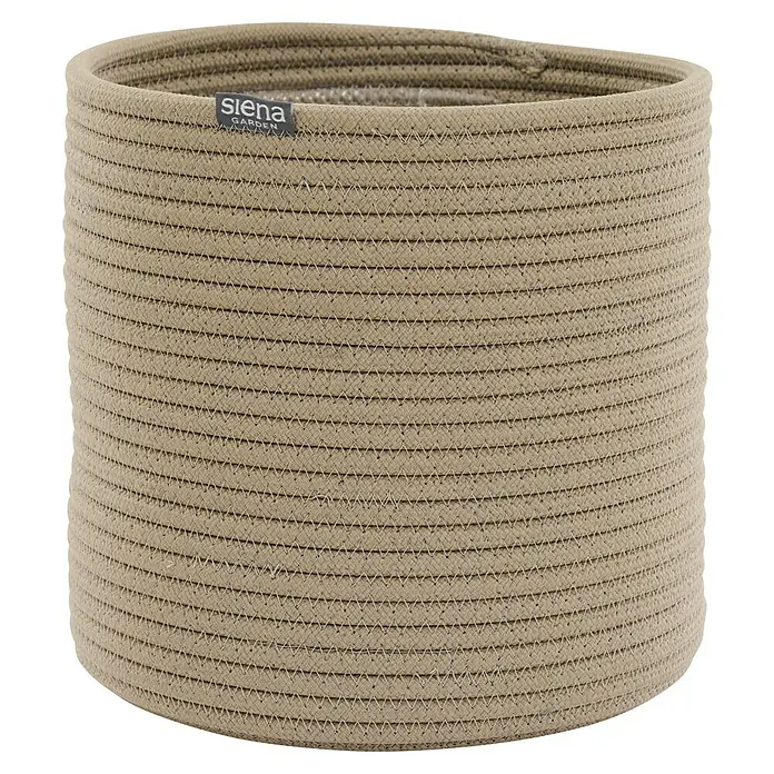Siena Garden Pflanztopf FIORA - Creme, 1 Stk., Max. Außendurchmesser: 20 cm, Höhe: 20,5 cm - Beiger runder Korb aus geflochtenem Seil mit 'Siena Garden' Etikett und weißer Zickzack-Naht.