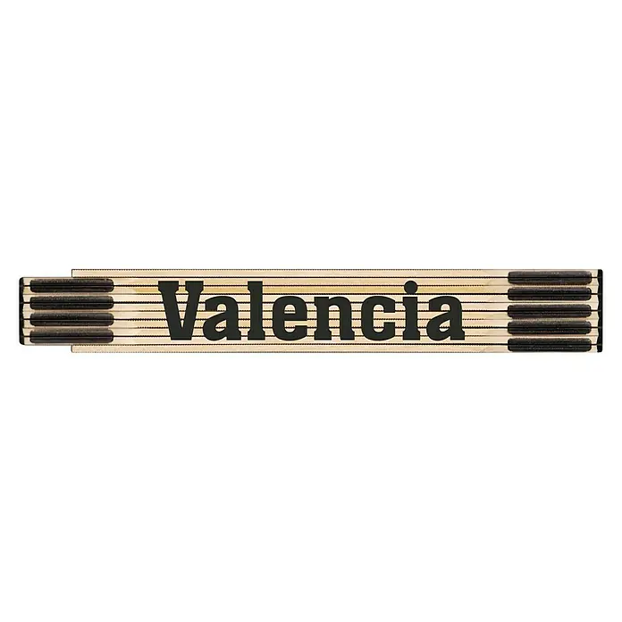 BAUHAUS Metro de madera - Valencia, Largo: 200 cm - La imagen muestra una regla plegable con la inscripción "Valencia", una herramienta práctica para medidas precisas.