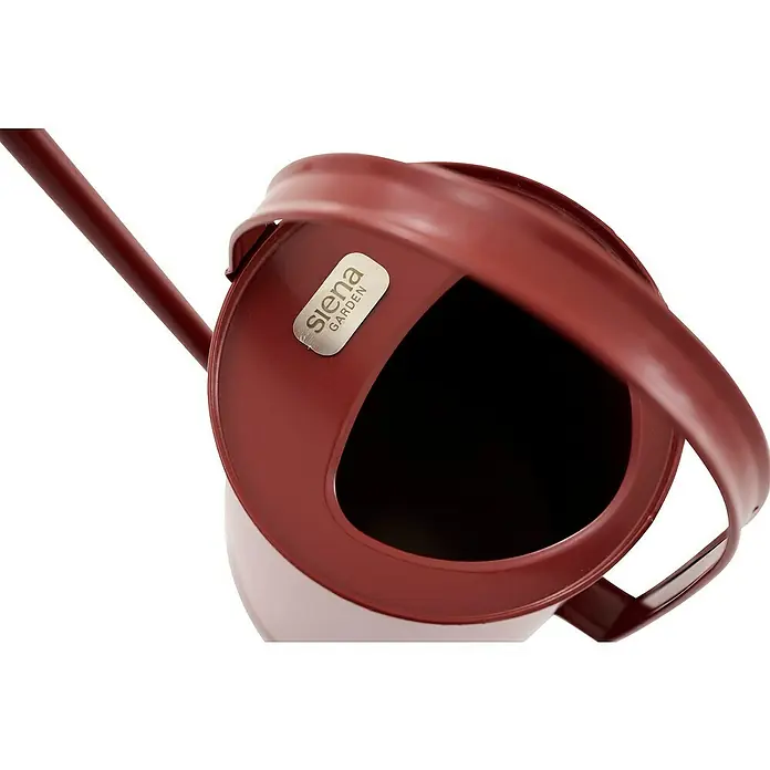 Siena Garden Gießkanne Santi - Oxidrot, Matt, Stahl, Fassungsvermögen: 2 l - Matte rote Metallgießkanne, von oben gesehen, mit Öffnung und dem Markenetikett 'Siena Garden'.