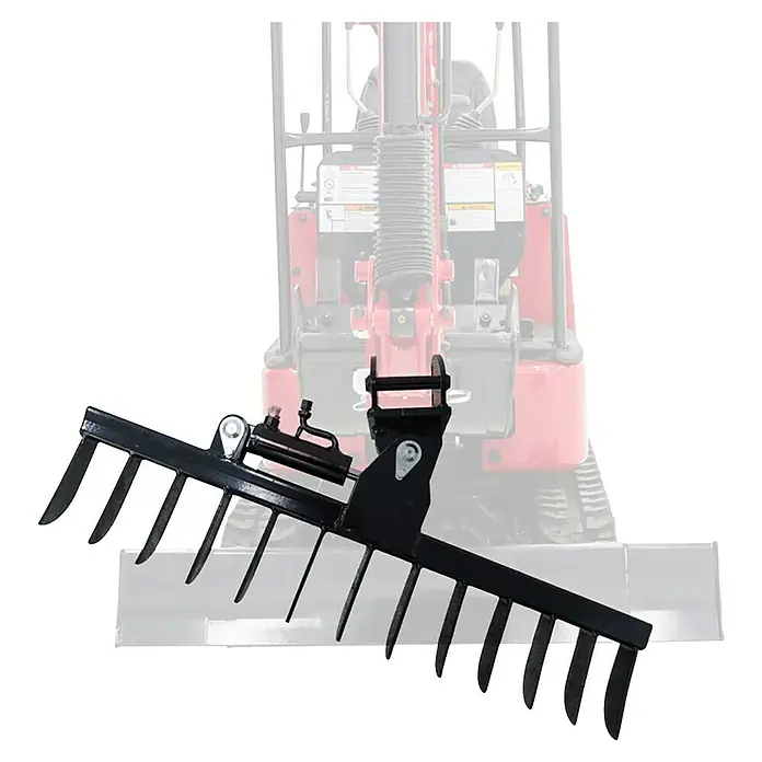 HZC Power Baggerrechen HRE100 - Mit Hydraulik, Passend für: HZC Power Minibagger - Schwarze Bagger-Greifrechen mit mehreren Zinken für schwere Arbeiten.