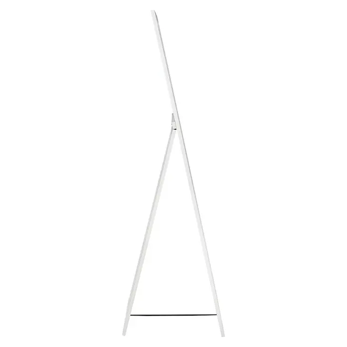 Standspiegel Harriet - 40 x 150 cm, Weiß, Holz - Weiße, klappbare Stehleuchte in Dreiecksform, von der Seite gesehen, mit Scharniermechanismus.