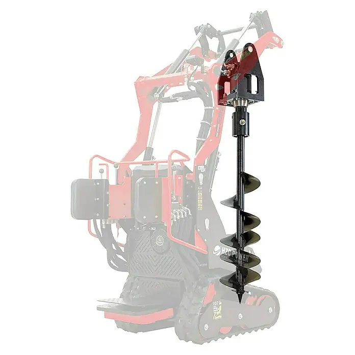 HZC Power Erdbohrer HEKL200 - Ohne Hydraulik, Passend für: HZC Power Kompaktlader BKL200 - Schwarzer Erdbohrer-Vorsatz mit Spiralbohrer, an einem Kompaktlader montiert.
