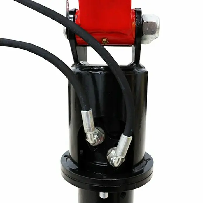 HZC Power Kegelspalter KH160 - Passend für: HZC Power Minibagger - Schwarzer Hydraulikrotator mit zwei Schläuchen und silbernen Anschlüssen, unter einer roten Halterung.