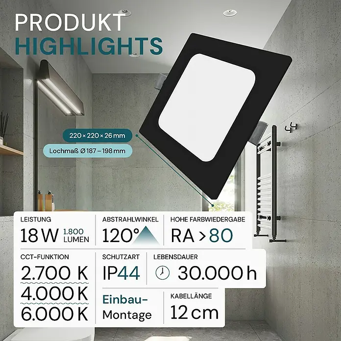 Luxula LED-Einbauleuchte - 18 W, L x B x H: 22 x 22 x 2,6 cm, Schwarz, Weiß, Mehrfarbig
