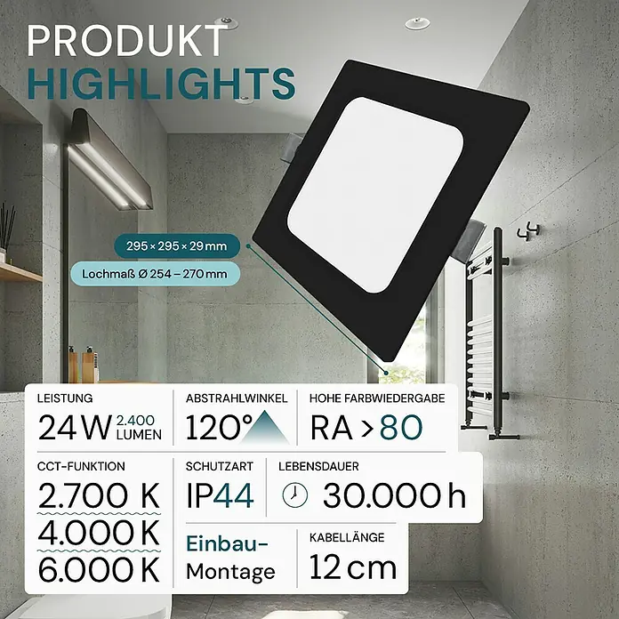 Luxula LED-Einbauleuchte - 24 W, L x B x H: 29,5 x 29,5 x 2,9 cm, Schwarz, Weiß, Mehrfarbig