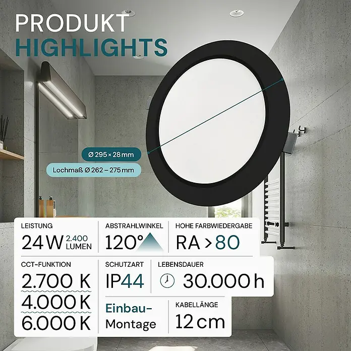 Luxula LED-Einbauleuchte - 24 W, Schwarz, Weiß, Mehrfarbig