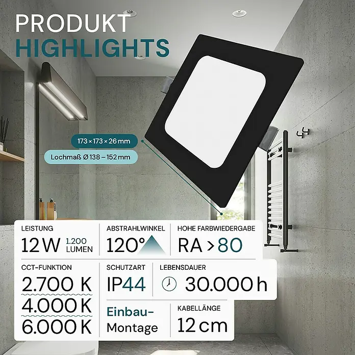 Luxula LED-Einbauleuchte - 12 W, Schwarz, Weiß, Mehrfarbig
