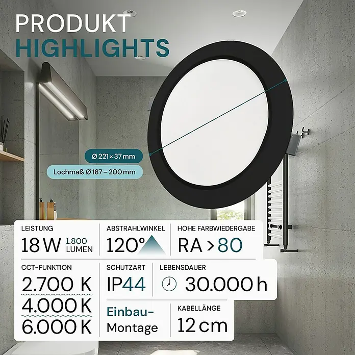 Luxula LED-Einbauleuchte - 18 W, L x B x H: 22,1 x 22,1 x 2,7 cm, Schwarz, Weiß, Mehrfarbig