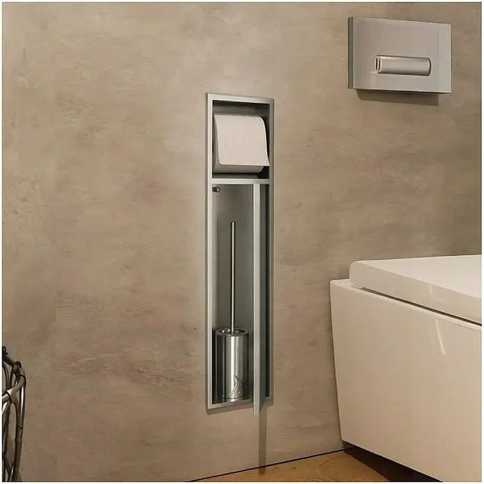 Hornacina Egean - L x An x Al: 10 x 17 x 60 cm, Acero inoxidable, Níquel - Dispensador de papel higiénico y escobillero de acero inoxidable empotrado en la pared.