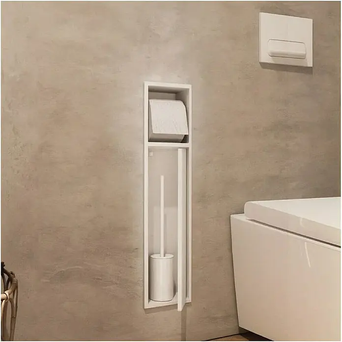 Hornacina Egean - L x An x Al: 10 x 17 x 60 cm, Acero inoxidable, Blanco - Portarrollos de papel higiénico blanco empotrado con dispensador superior y compartimento para escobilla.