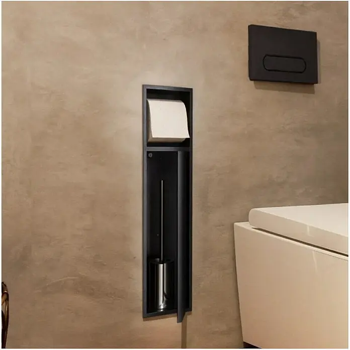 Hornacina Egean - L x An x Al: 10 x 17 x 60 cm, Acero inoxidable, Black Gun Metal - Soporte de papel higiénico y escobilla negros integrados, empotrados a ras en una pared de baño junto al inodoro.