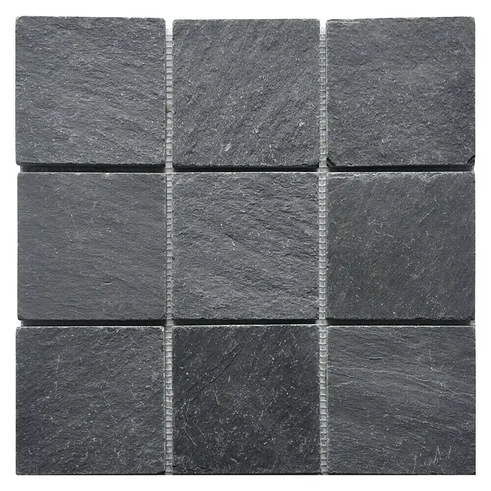 Malla mosaico Madras - 30 x 30 cm, Negro - Primer plano de baldosas de mosaico de pizarra gris cuadrada sobre un soporte de malla, perfectas para el diseño de paredes y suelos interiores.
