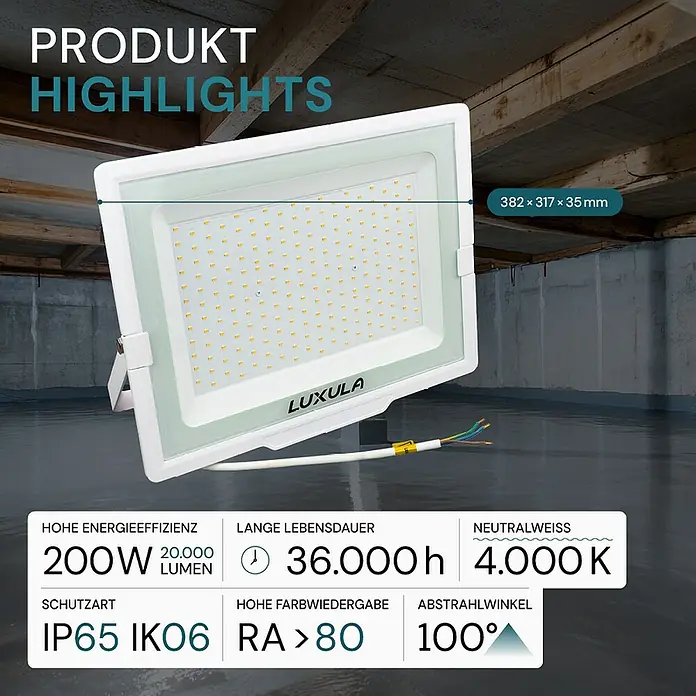 Luxula LED-Strahler - 200 W, 20.000 lm, L x B x H: 38,2 x 3,5 x 31,7 cm, IP65