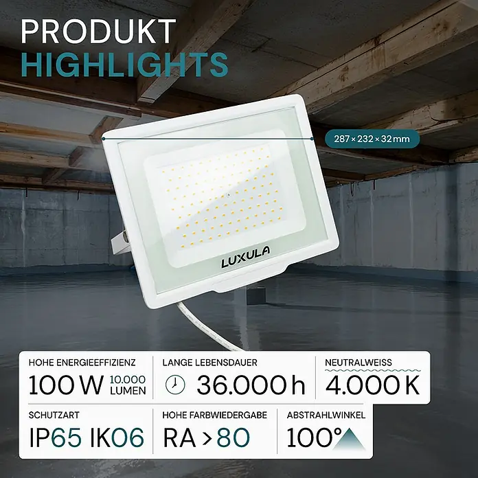 Luxula LED-Strahler - 100 W, 10.000 lm, L x B x H: 28,7 x 3,2 x 23,2 cm, IP65