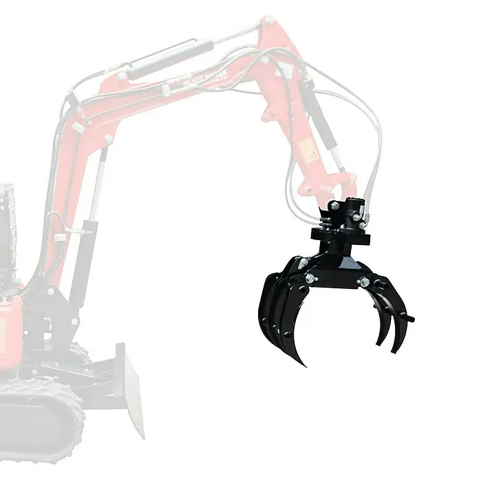 HZC Power Holzgreifer HH360 - Mit Hydraulik, Passend für: HZC Power Minibagger (wenige Ausnahmen, siehe Text) - Schwarzer Baggergreiferaufsatz.
