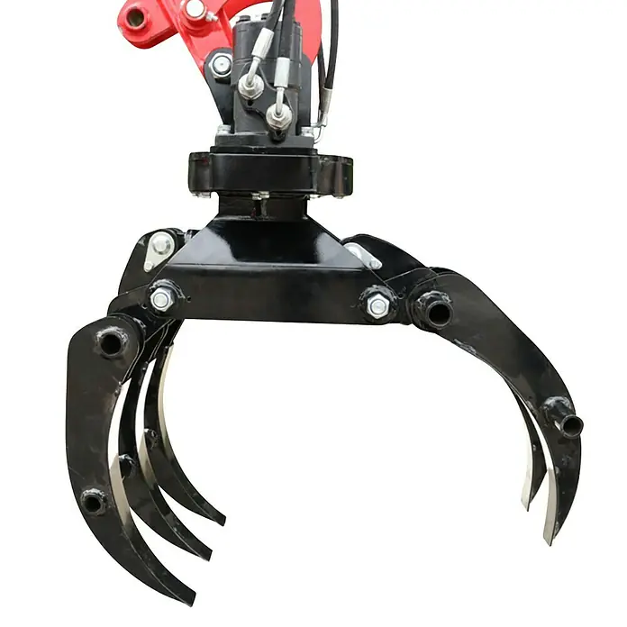 HZC Power Holzgreifer HH360 - Mit Hydraulik, Passend für: HZC Power Minibagger (wenige Ausnahmen, siehe Text) - Schwerlast-Greiferaufsatz aus schwarzem Metall mit hydraulischen Komponenten und mehreren Zinken, für Bagger oder Kräne.