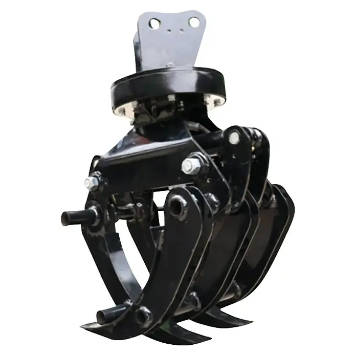 HZC Power Holzgreifer HH360 - Mit Hydraulik, Passend für: HZC Power Minibagger (wenige Ausnahmen, siehe Text) - Schwarzer Industrie-Greiferaufsatz mit mehreren robusten Klauen für Baumaschinen.