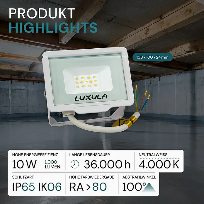 Luxula LED-Strahler - 10 W, 1.000 lm, L x B x H: 10,8 x 2,4 x 10 cm, IP65
