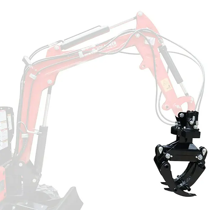 HZC Power Holzgreifer HH360 - Mit Hydraulik, Passend für: HZC Power Minibagger (wenige Ausnahmen, siehe Text) - Schwarze hydraulische Greiferzange an einem roten Baggerarm.