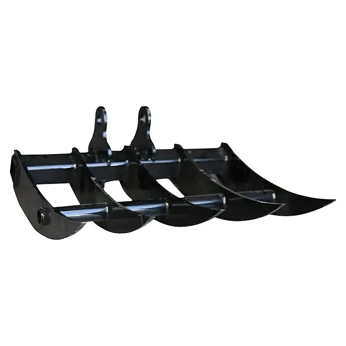 HZC Power Baggerrechen RE5 - Passend für: HZC Power Minibagger - Schwarze Greiferrechen-Anbaugerät aus Metall mit mehreren gekrümmten Zinken für Baumaschinen.