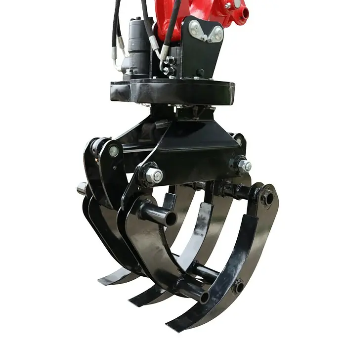 HZC Power Holzgreifer HH360 - Mit Hydraulik, Passend für: HZC Power Minibagger (wenige Ausnahmen, siehe Text) - Schwarzer Forstgreifer aus Metall mit mehreren gebogenen Klauen und Hydraulikanschlüssen für schwere Materialhandhabung.
