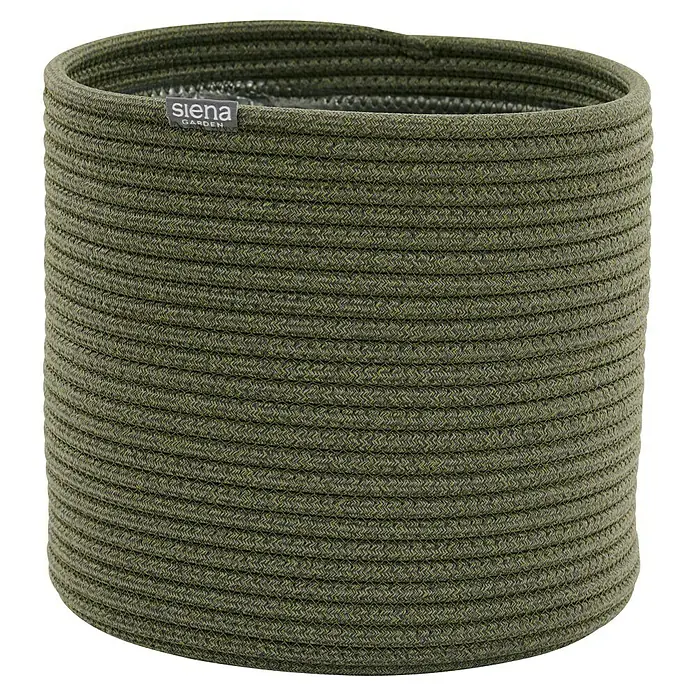 Siena Garden Pflanztopf FIORA - Oliv, 1 Stk., Max. Außendurchmesser: 26 cm, Höhe: 25,5 cm - Olivgrüner geflochtener Seil-Pflanztopf mit Siena GARDEN Etikett.
