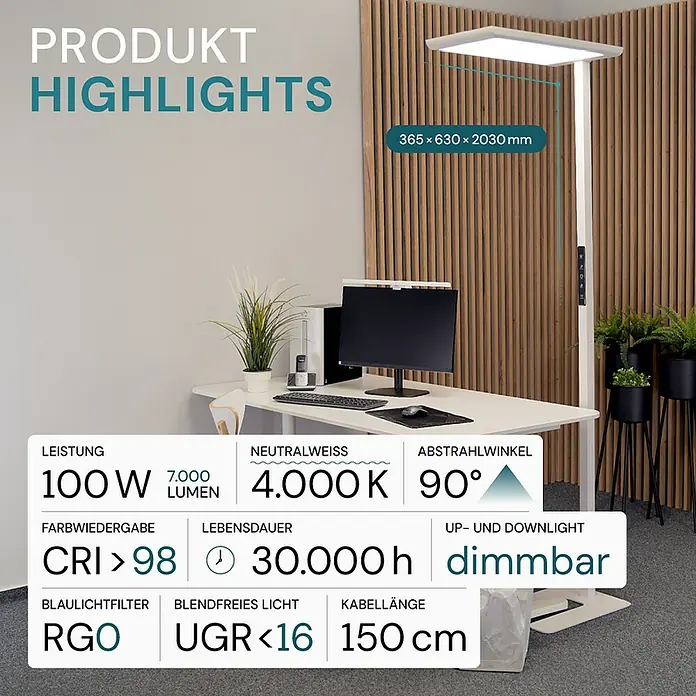 Luxula LED-Stehleuchte - 100 W, Höhe: 203 cm, Weiß